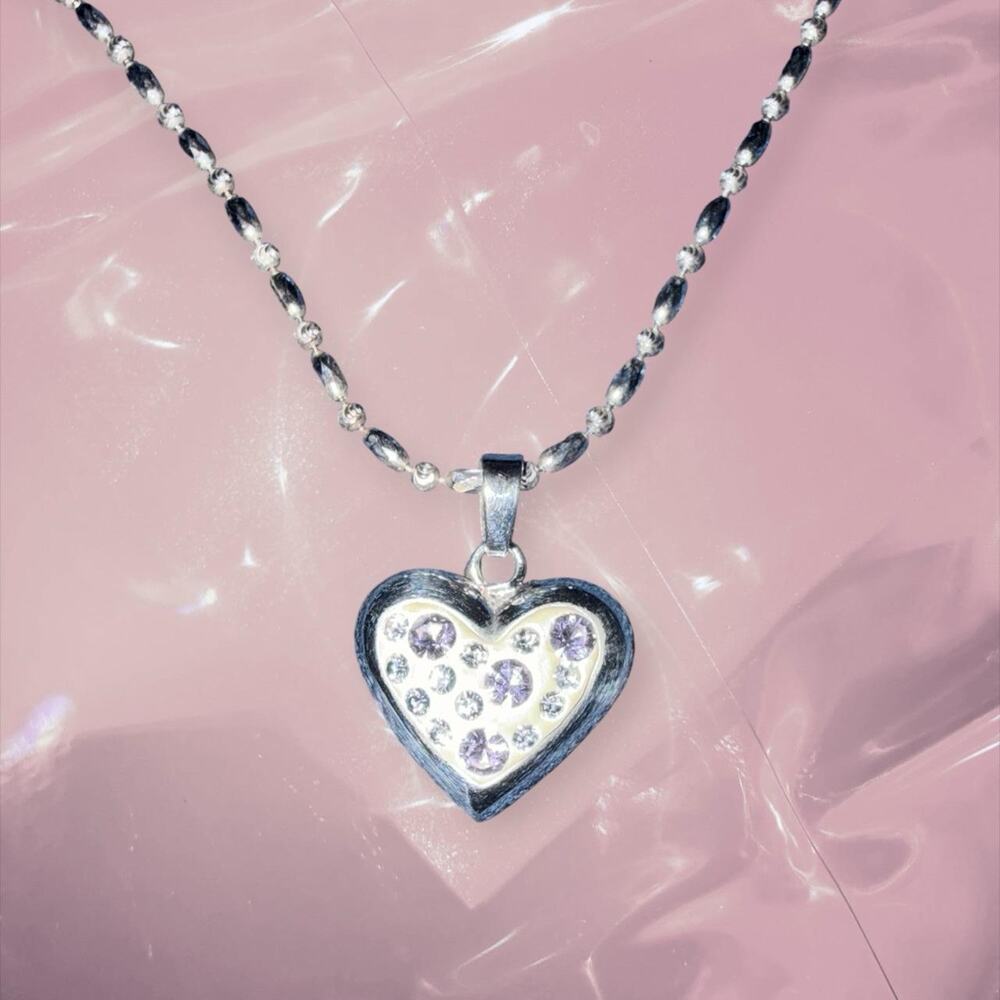 Y2K fairycore 925 Sterling Silver heart necklace purple stones sparkle chain